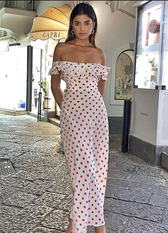 Feminine Ruched Shoulder Maxi Dress 👗 | Timeless Polka Dot Print ✨