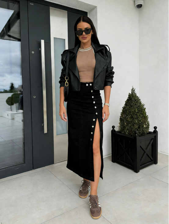 Button Split Denim Bodycon Skirt