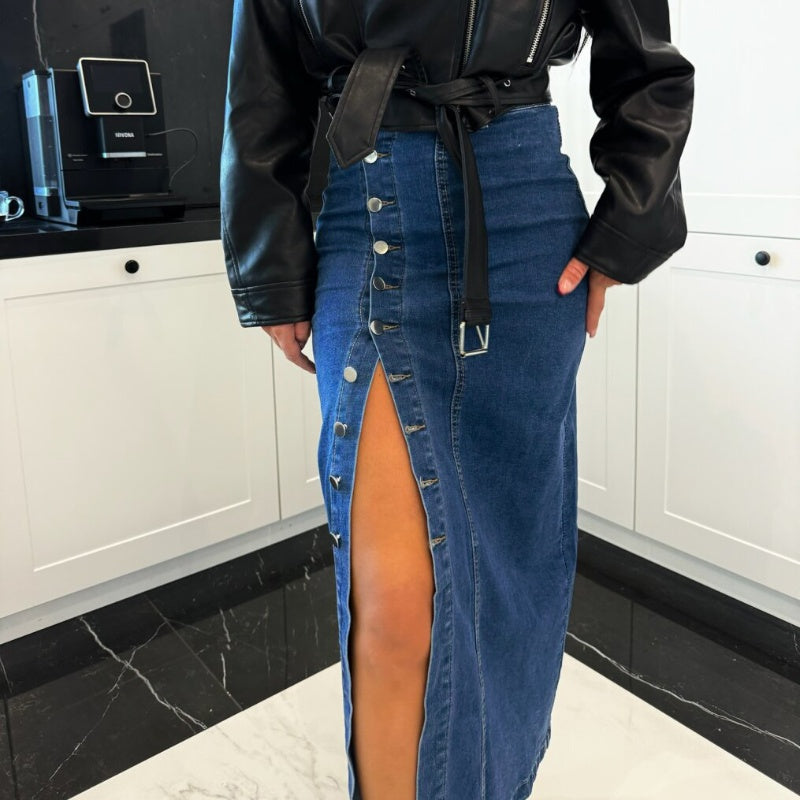 Button Split Denim Bodycon Skirt