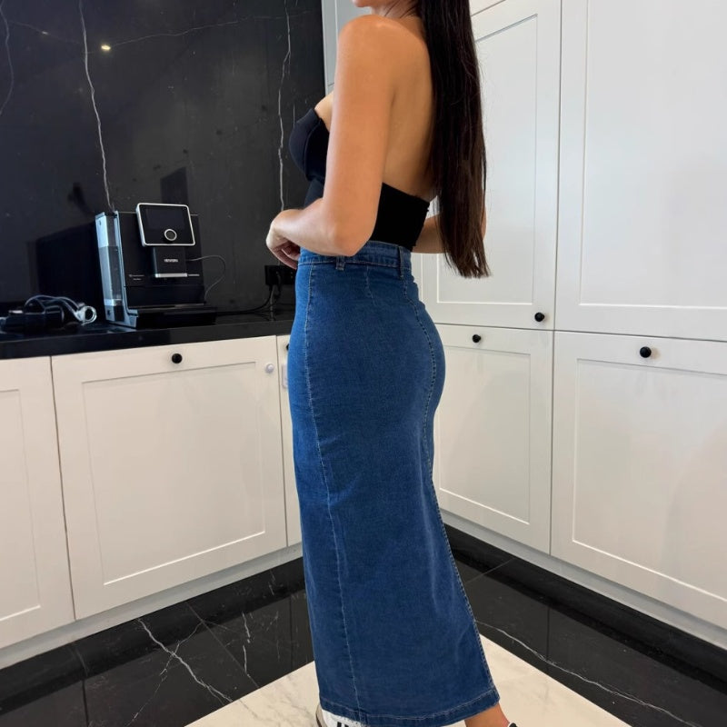 Button Split Denim Bodycon Skirt